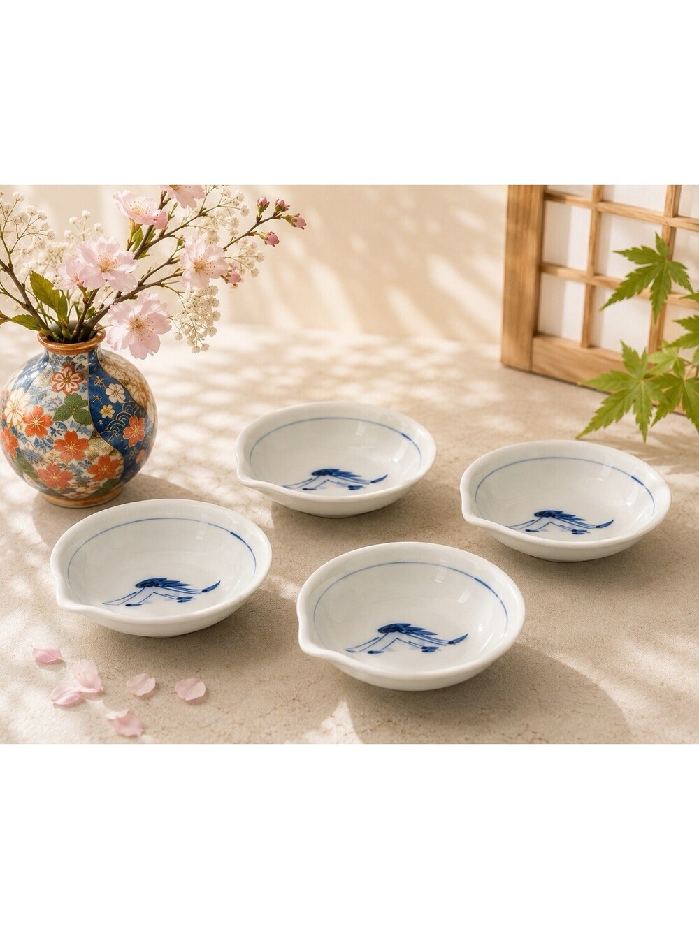 Japanese Vintage 1960s 4 Fuku Mark Spouted Dipping Bowls Blue White, 5x1.75”